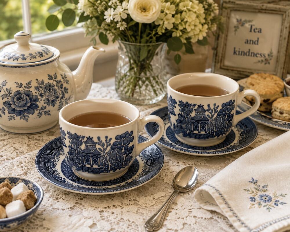Churchill Blue White Willow Cup Saucer Set of 2 England